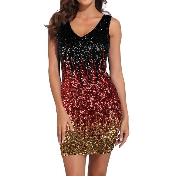 Sleeveless Womens Sequin Dress V Neck Bodycon Mini large Black & Red & Gold - Picture 1 of 7